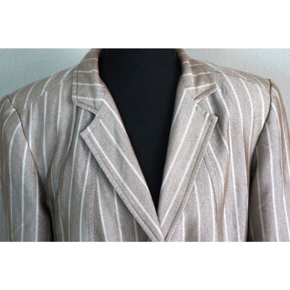Vintage Y2K Taupe PIN STRIPED Pant Suit SET Women 14 Wide Leg Boot COTTON Work - Picture 3 of 8
